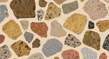 Vintage terrazzo texture with large granite fragments in earth tones, beige base, Retro 1970s style