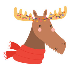 Moose, antlers with lights isolated on transparent. Hand drawn flat vector illustration. Cute cartoon character. Traditional Christmas, New Year design element, clip art
