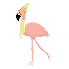 Flamingo in a hat, scarf, ice skating isolated on transparent. Hand drawn flat vector illustration. Cute cartoon character. Traditional Christmas, New Year design element, clip art