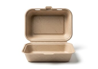 Unfolded biodegradable molded fiber clamshell container sits against a white background