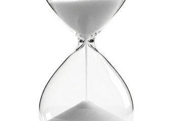 Glass timer shows white sand flowing from the upper bulb to the lower section against a white background