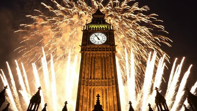 A breathtaking display of golden fireworks erupting in the night sky behind a historic clock tower, a festive celebration concept for a new beginning at midnight
