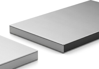 Two rectangular electronic devices with brushed metallic surfaces are positioned against a clean white background.