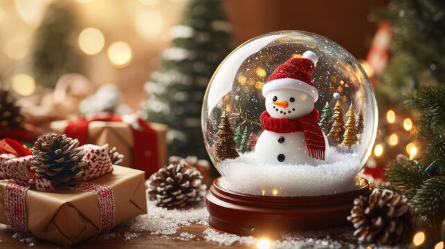 A delightful snowman is captured inside a glass snow globe, set amidst a festive winter scene with christmas trees, pinecones, and wrapped gifts, illuminated by soft, warm lights