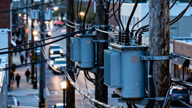 Urban energy grid connection with cables and transformers mounted on city utility poles highlighting intricate wiring along busy streets.