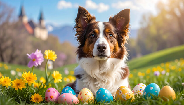 A cute Border Collie dog sits in a sunny spring meadow with colorful decorated Easter eggs and flowers. - Powered by Adobe
