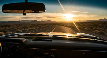 Atmospheric photograph vintage car windshield desert road sunset freedom