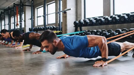Group fitness class performs resistance band push-ups in a modern gym