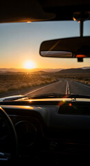 Atmospheric photograph vintage car windshield desert road sunset freedom