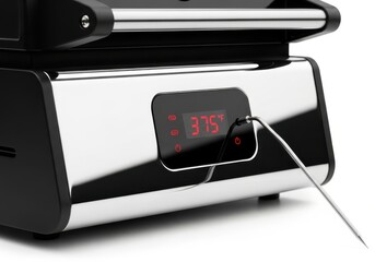 Modern electric countertop cooking appliance displays precise temperature on digital readout with inserted probe