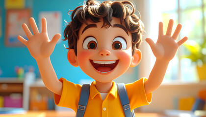 A cheerful animated boy with curly hair smiles and waves his hands in a colorful classroom.