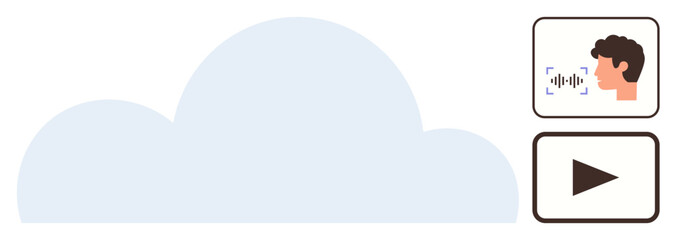 Cloud icon with user accessing via voice input and playback button. Ideal for technology, cloud services, data storage, accessibility, voice control, tech innovation, modern interface. Simple flat