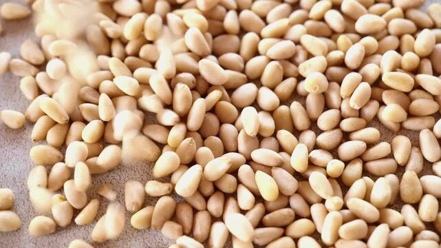 Pine nut kernels background.Healthy fats in the diet. pine nut kernels fall on a ceramic plate. 