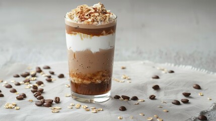A tall glass containing a layered frappe or iced latte with coffee, milk, and caramel, topped with whipped cream and granola/oatmeal, on a white surface