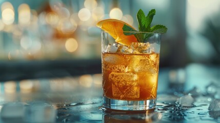 A glass of chilled amber cocktail or whiskey, iced tea garnished with a slice of orange and a sprig of mint, sits on a wet bar surface with a blurred, bokeh background