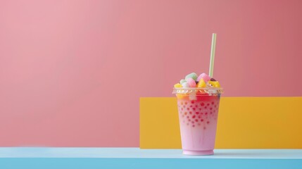 Pink layered bubble tea cold drink in a clear cup with a straw, topped with colorful gummy candies, set against a vibrant background of pink, yellow, and blue geometric blocks