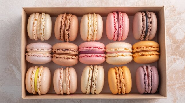 An open cardboard box filled with rows of assorted French macarons in various soft, pastel colors, including pink, beige, cream, yellow, and brown, highlighting the texture