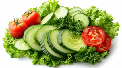 A fresh, vibrant arrangement of sliced cucumbers, whole and halved tomatoes, and crisp green lettuce on a white background, perfect for a healthy salad concept