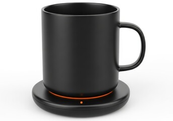 Black beverage container rests upon a glowing electric heating pad against a white background