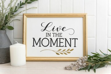 Framed gold sign with Live in the Moment text display