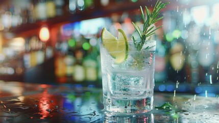 Cocktail gin and tonic, is served in a glass with ice, lime wedges, and rosemary sprig, with water splatters and a vibrant bar background