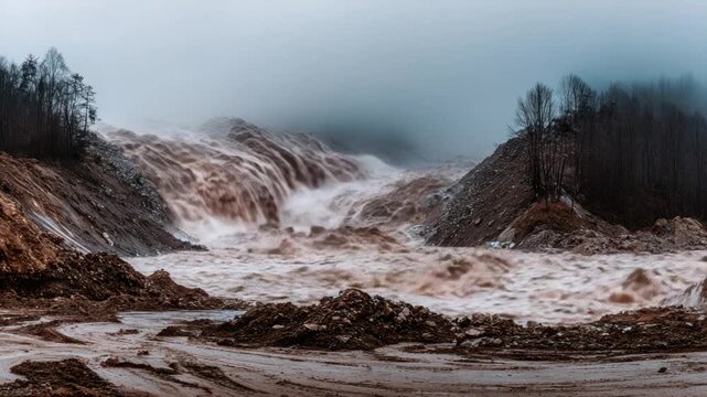A river torrent roars through a desolate landscape, shrouded in mist, amidst bare trees