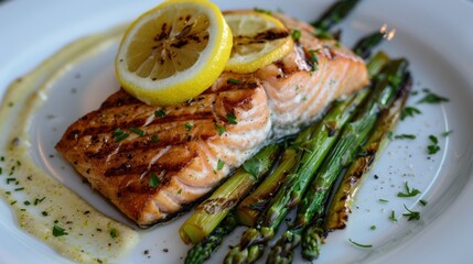 Grilled salmon fillet topped with lemon slices and served alongside a portion of fresh, charred asparagus on a white plate with a sauce garnish