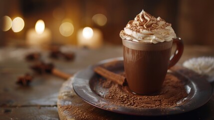A mug of hot chocolate topped with thick whipped cream and dusted with cocoa powder and a cinnamon stick, set on a plate against a warm, rustic, festive background