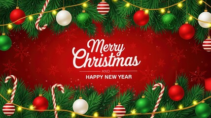 Christmas Greetings Card Design Holiday Festive Decorations Baubles Lights Red Background