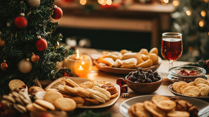 festive table with snacks and a Christmas tree