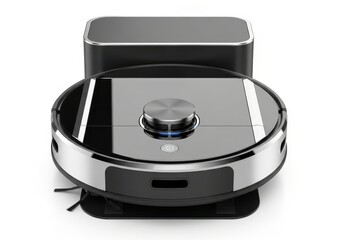 Modern robotic floor cleaning appliance is depicted on a white background with its charging base