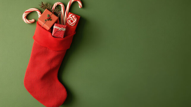 A red Christmas stocking filled with a small gift box and candy canes rests on a green background , merry christmas, treats, sweet