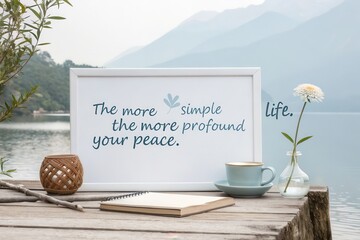 Framed quote about peace and simplicity on a wooden table