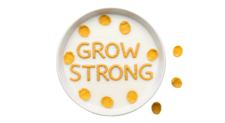 Cereal letters spelling grow strong in a bowl of milk overhead with transparent background