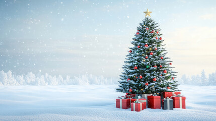 Obraz premium Christmas tree with presents in snowy landscape