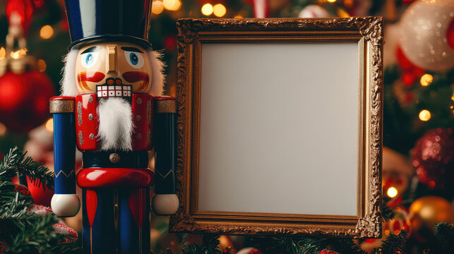 Festive christmas decorations with nutcracker and empty frame