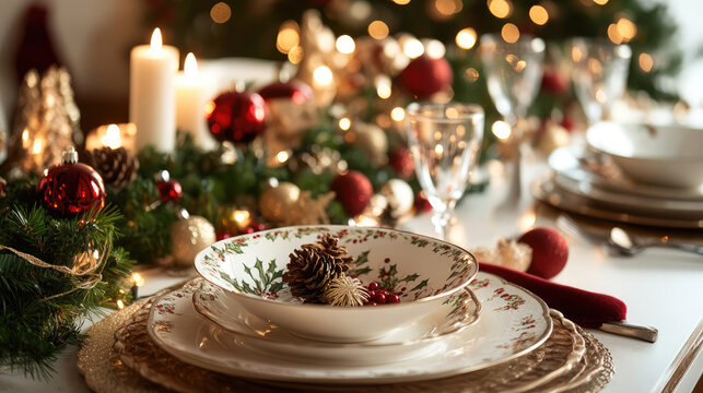 Beautifully arranged holiday table setting featuring elegant dinnerware and festive decorations near candlelight - Powered by Adobe