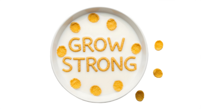 Cereal letters spelling grow strong in a bowl of milk overhead with transparent background
