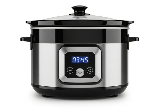 Modern stainless steel electronic cooking appliance displays a digital timer against a white background