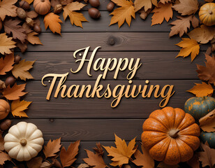 Happy Thanksgiving Pumpkins Leaves Autumn Card Poster on Wooden Background