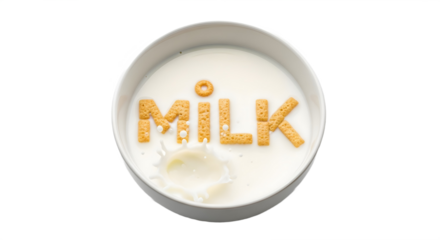 A bowl of milk with the word milk spelled out in letter crackers with transparent background