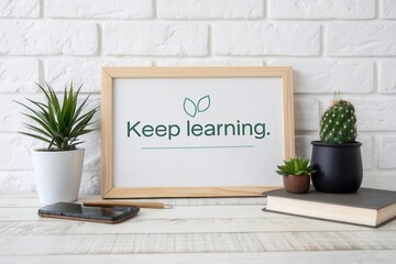 Framed sign with Keep learning message on a wooden desk