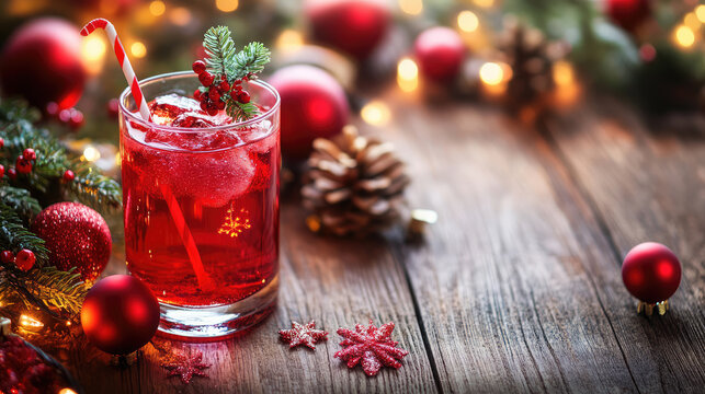 Festive Holiday Drinks with Christmas Decorations on Wooden Table