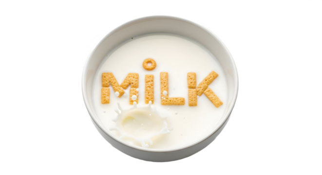 A bowl of milk with the word milk spelled out in letter crackers with transparent background