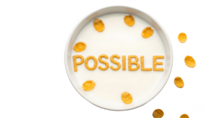 A bowl of cereal with the word possible spelled out in cereal with transparent background