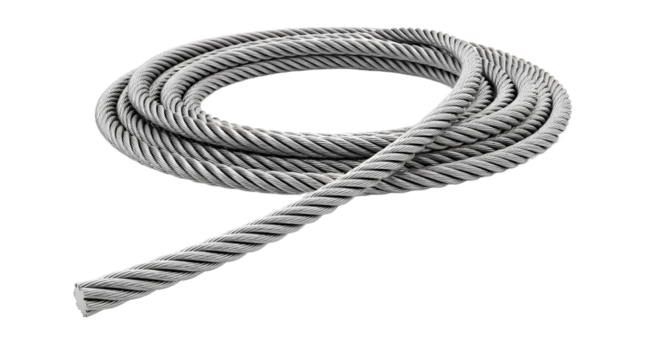Coiled metal cable on a white background in a studio setting with transparent background