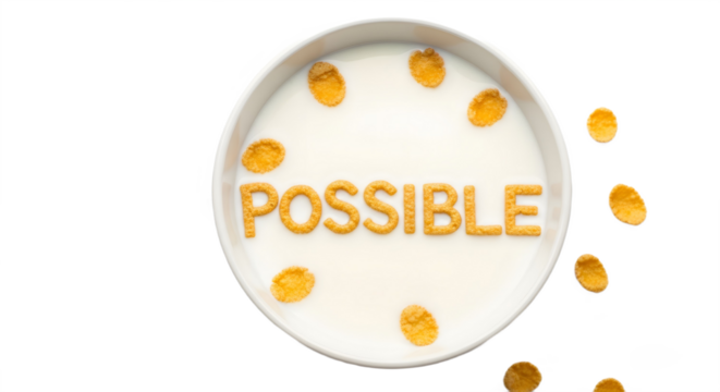 A bowl of cereal with the word possible spelled out in cereal with transparent background