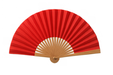 Traditional red folding hand fan creating refreshing air, representing asian culture and prosperity, transparent background