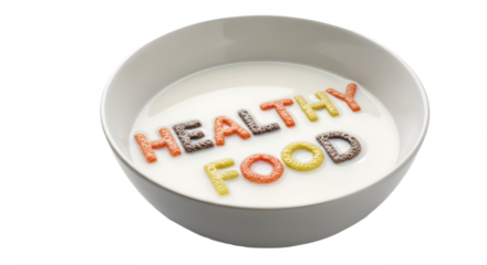A bowl of milk with cereal letters spelling healthy food inside it with transparent background