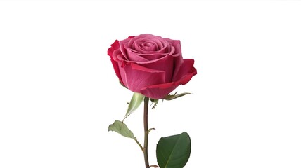 A single pink rose with green leaves on a white background flower bloom